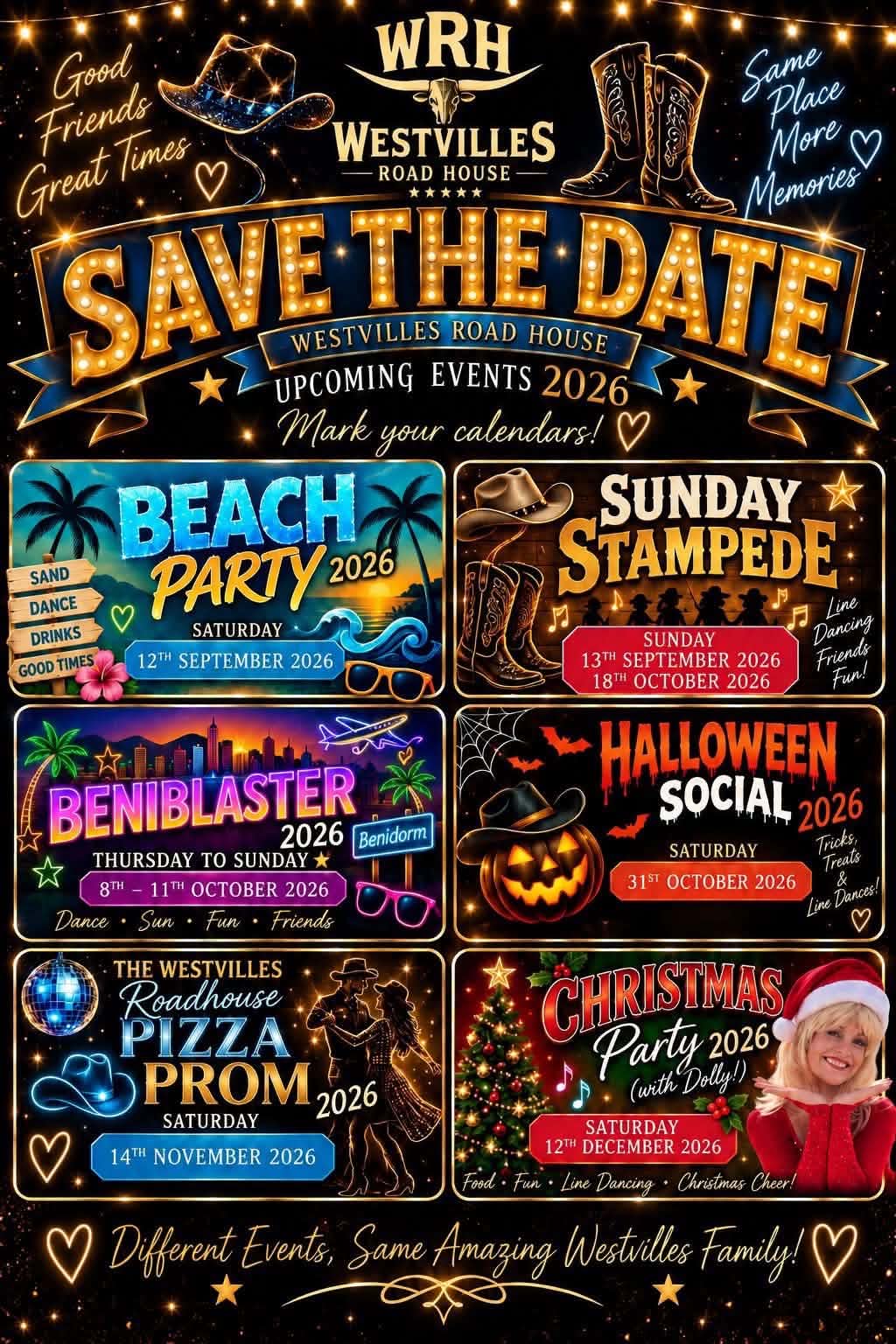 Westvilles Road House save the date poster showing all upcoming events in 2026