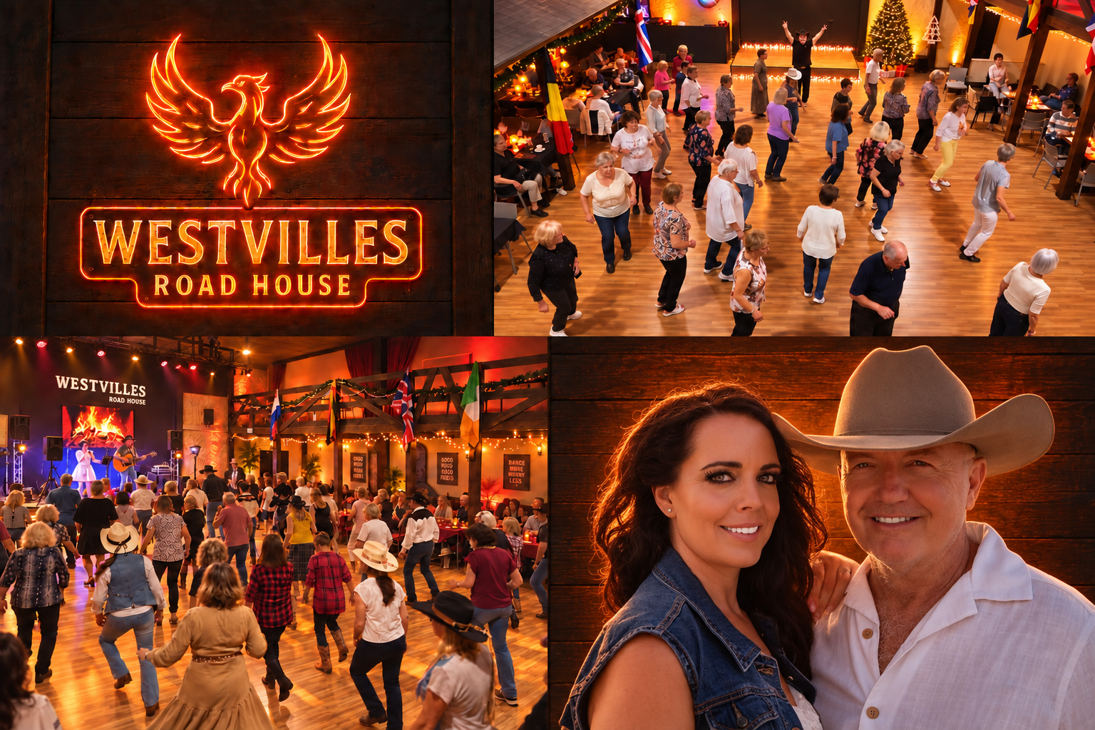 Westvilles Road House dancers, line dancers and live singer in a warm amber venue